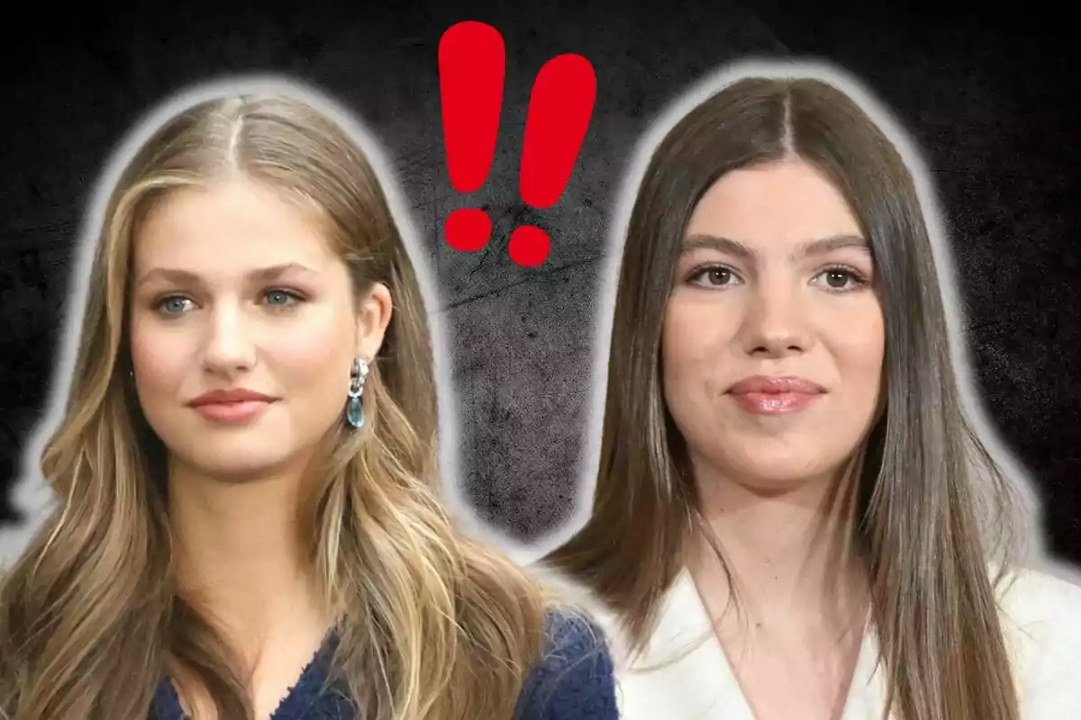 Princess Leonor and Infanta Sofía pose in front of a dark background with red exclamation marks.