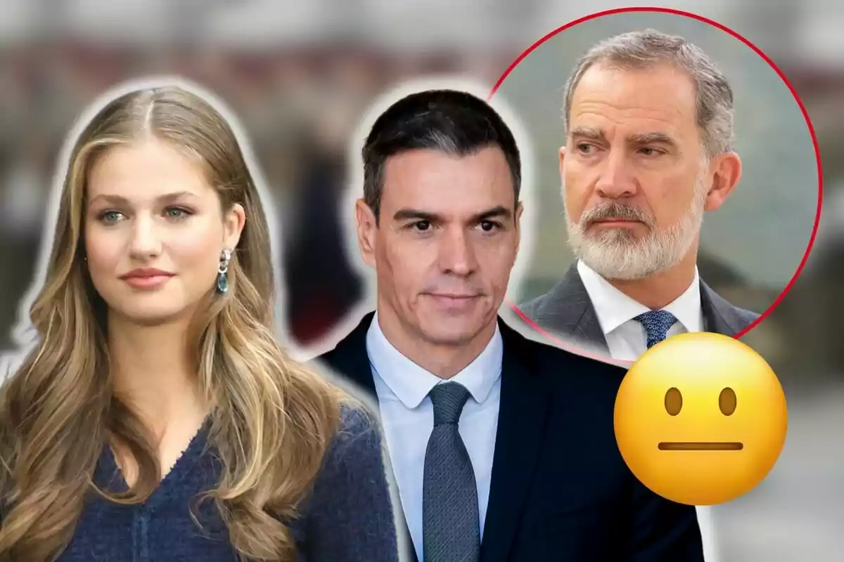 La princesa Leonor, Pedro Sánchez i Felip VI posen per a una foto, una d'elles és dins d'un cercle vermell i hi ha un emoji de cara neutral a la cantonada inferior dreta.