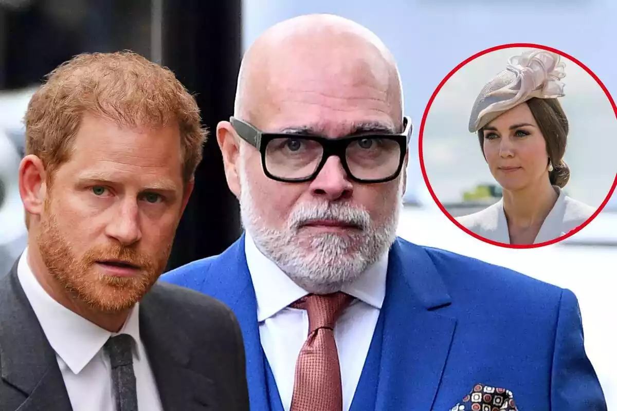 Muntatge del príncep Enric seriós amb un vestit negre, Gary Goldsmith seriós amb vestit blau i corbata vermella i Kate Middleton seriosa amb un tocat beix