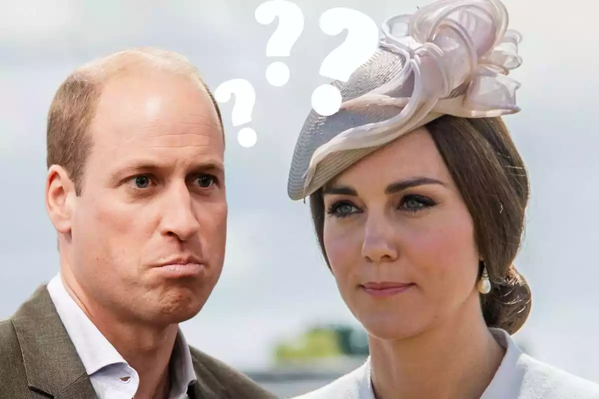 Muntatge del príncep Guillem amb cara penada, Kate Middleton seria amb un tocat blanc i uns interrogants blancs