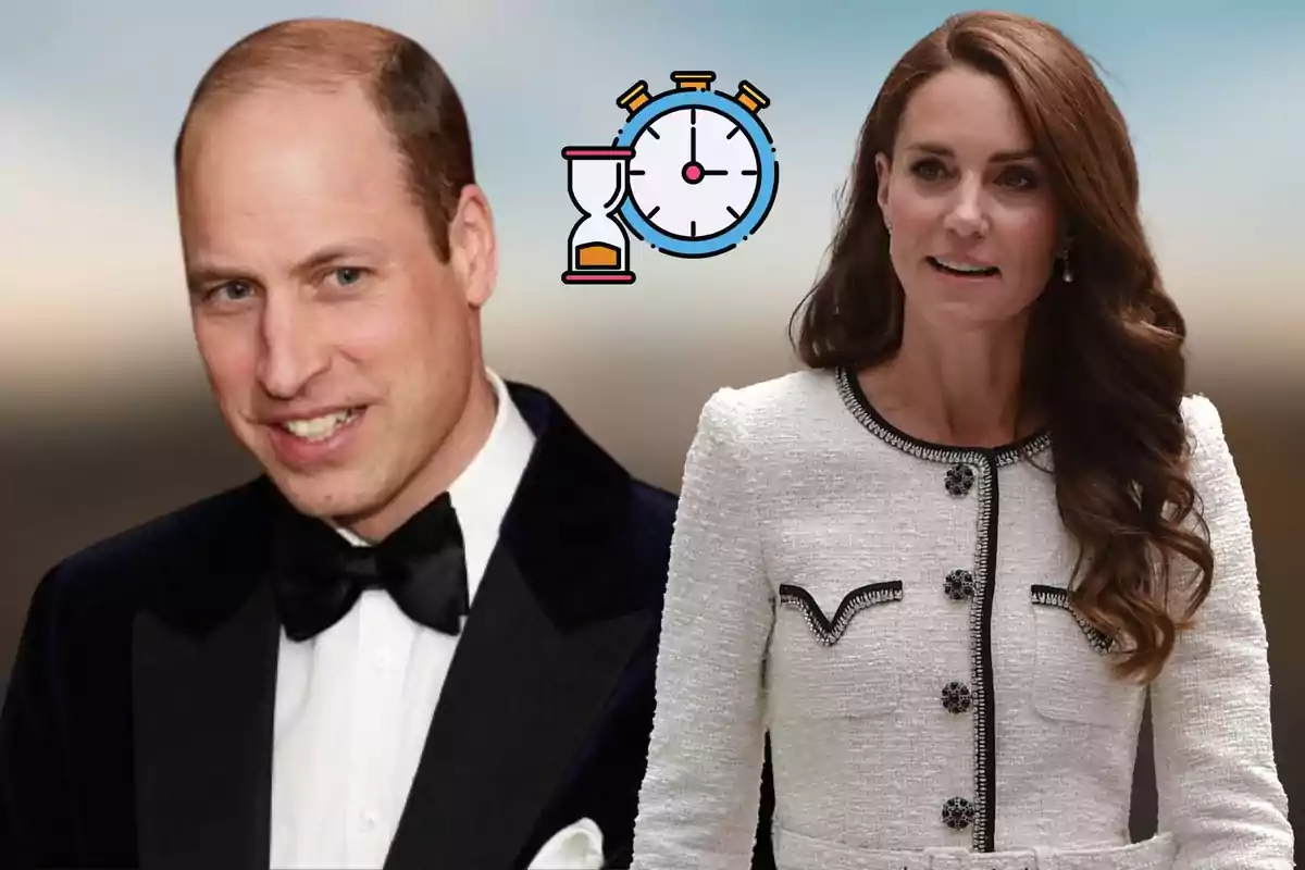 El príncep Guillem amb esmòquing i Kate Middleton amb un vestit blanc posen junts, amb un rellotge de sorra i un cronòmetre dibuixats al fons.