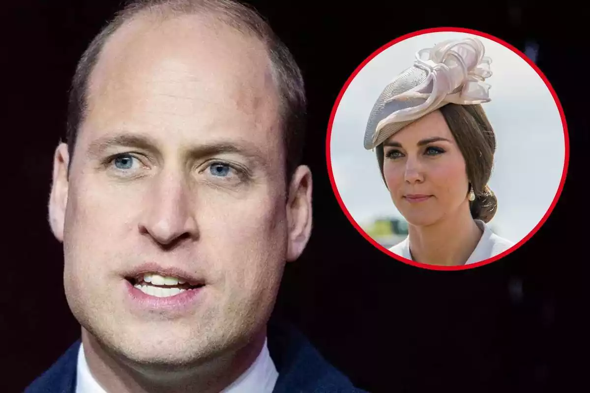 Muntatge amb un primer pla del príncep Guillem seriós i Kate Middleton seriosa amb un tocat blanc