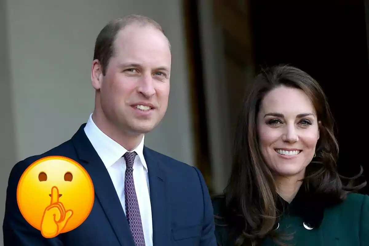 Prince William and a smiling Kate Middleton pose for a photo, with a "hush" emoji superimposed in the bottom left corner.