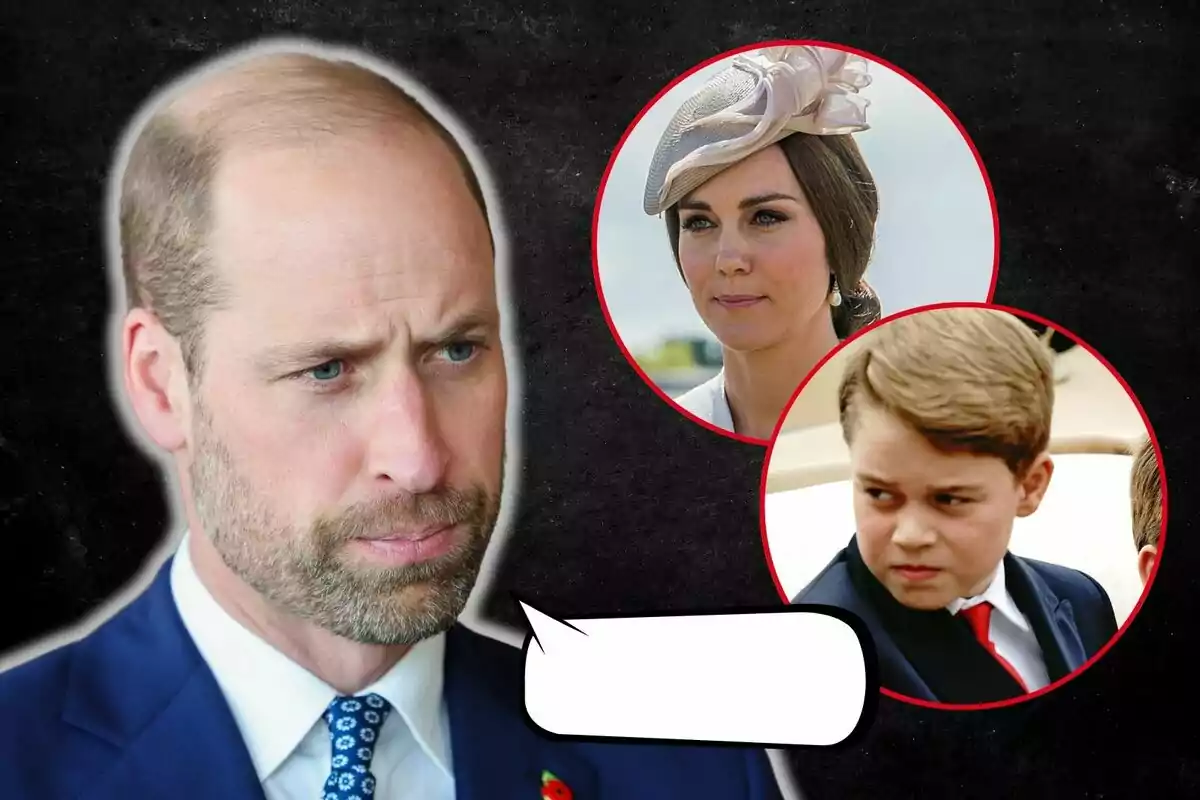 El príncipe Guillermo con expresión seria tiene un globo de diálogo vacío, mientras Kate Middleton y el príncipe George están en círculos rojos en el fondo.