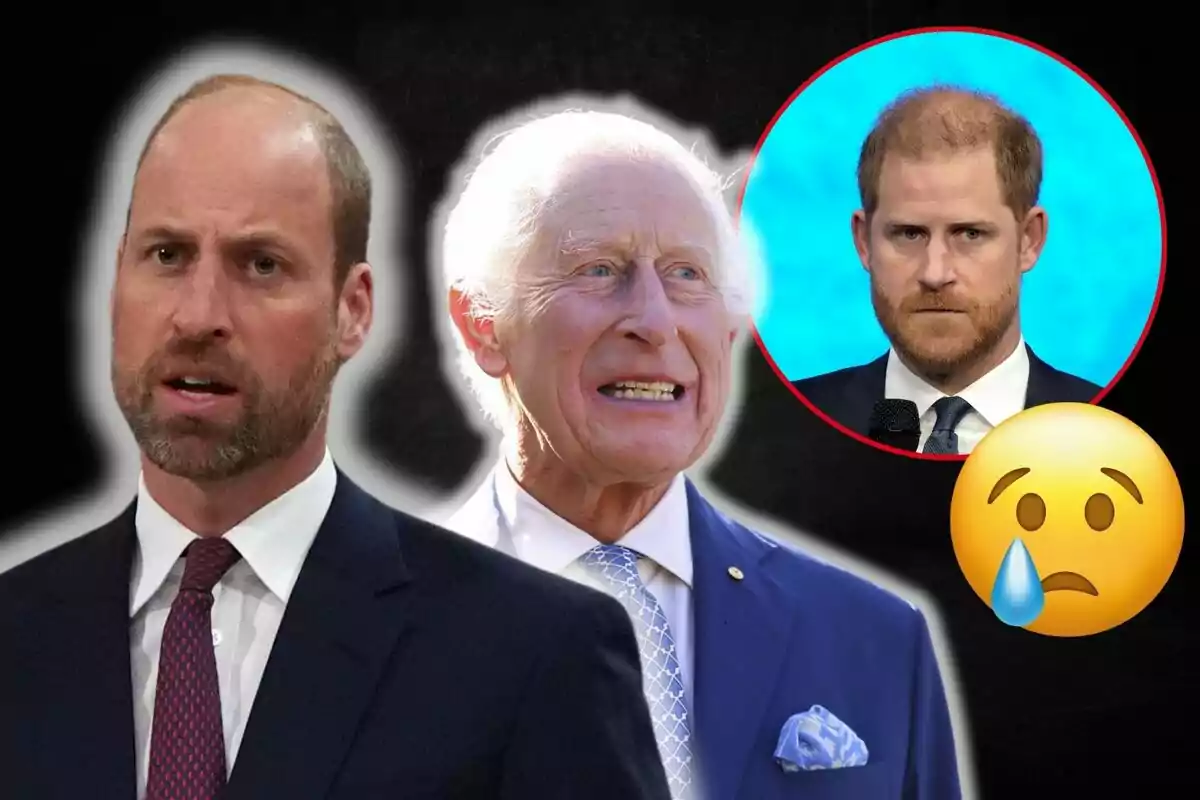 Three men with serious expressions, one of them in a red circle with a sad emoji next to it.