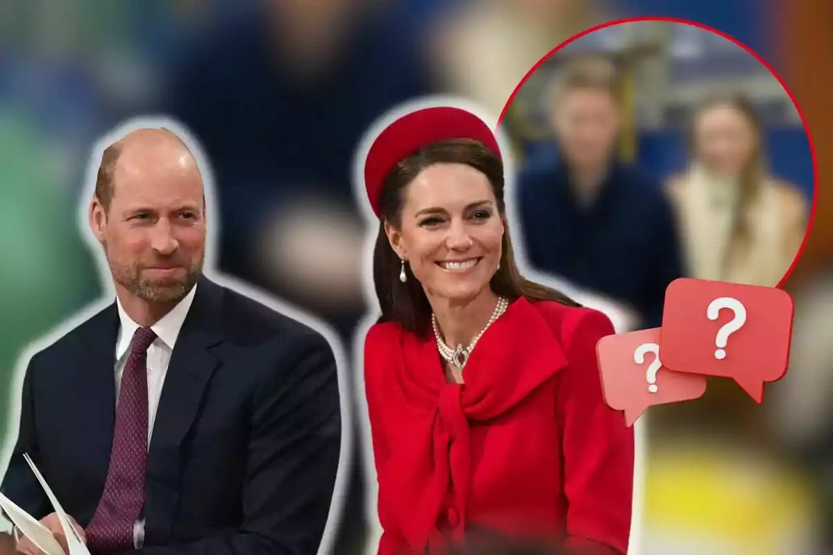 El príncipe Guillermo y Kate Middleton elegantemente vestida, él con traje oscuro y corbata, ella con un conjunto rojo y accesorios a juego, sonríen mientras están sentados; en la esquina superior derecha, hay un círculo con dos figuras borrosas y dos iconos de interrogación.