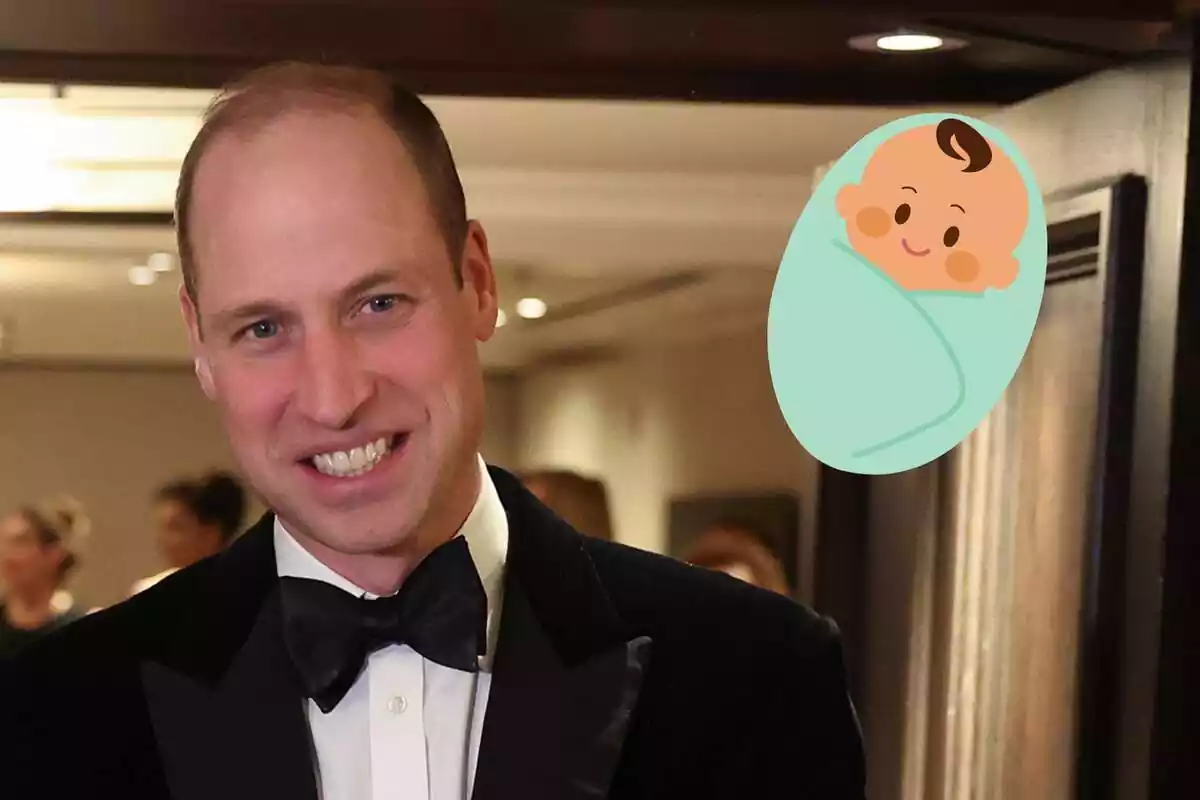 Muntatge del príncep Guillem somrient en vestit negre i corbata de llacet i un nadó
