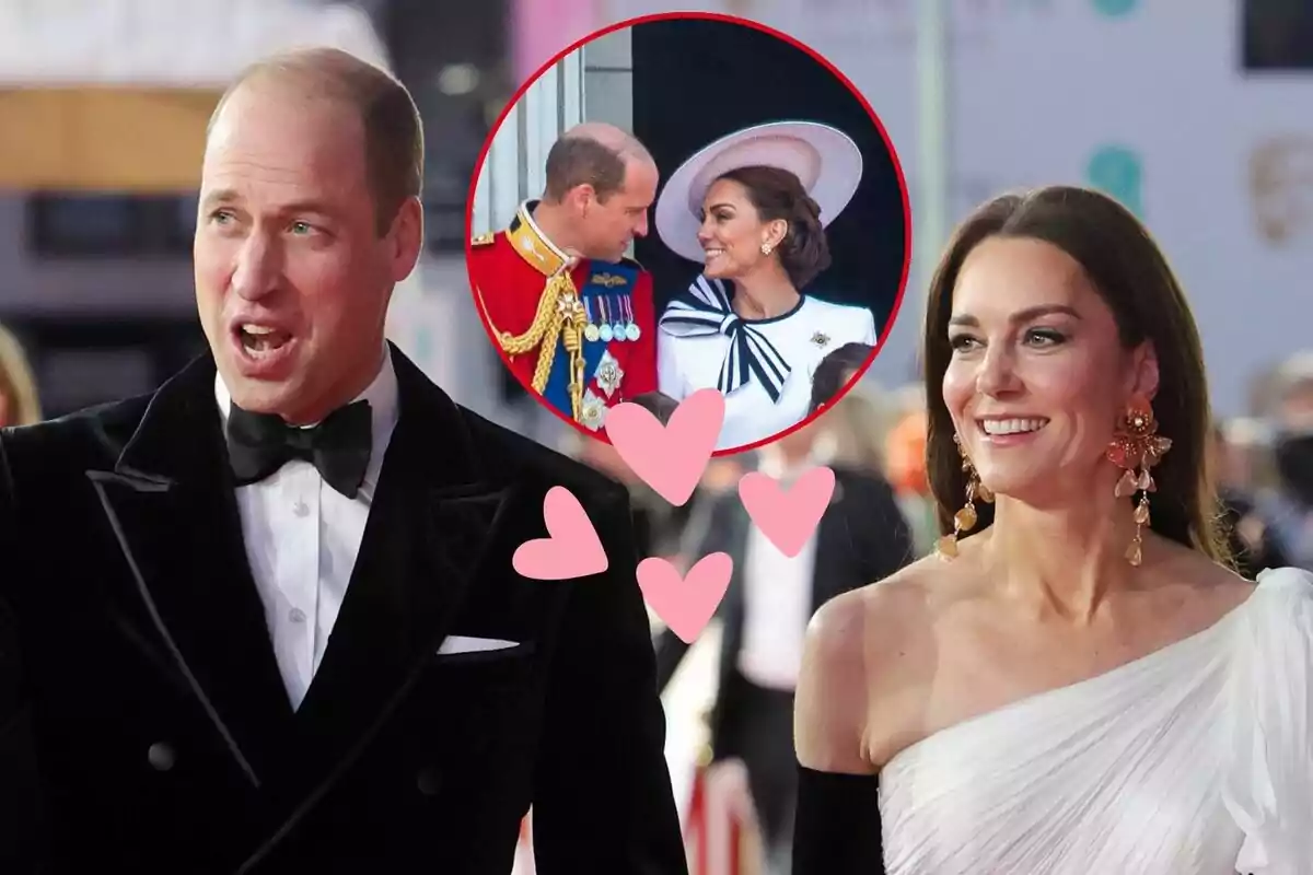 El príncep Guillem i Kate Middleton elegantment vestida en un esdeveniment, amb una imatge circular superposada que mostra un moment afectuós entre ells, envoltada de cors rosats.
