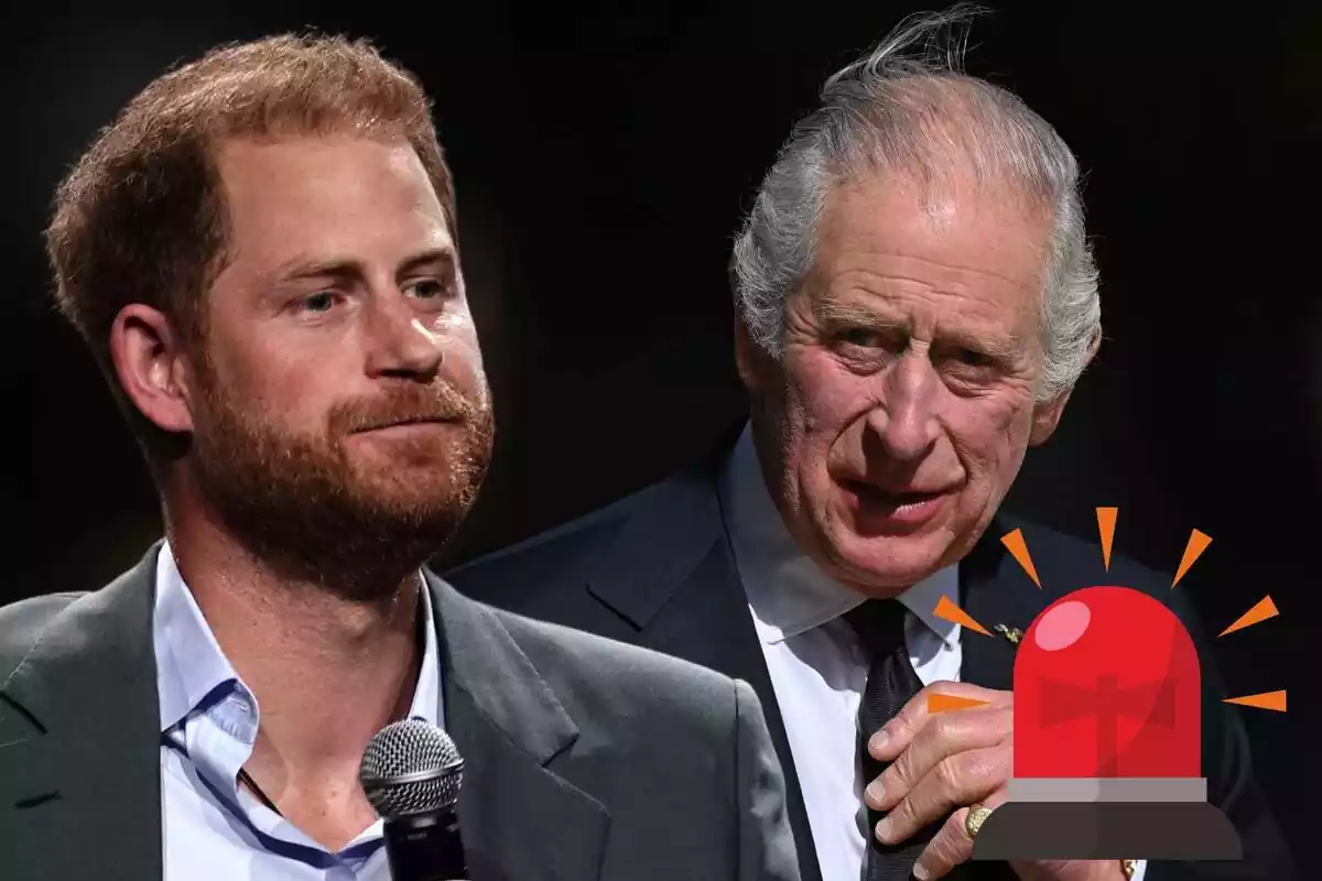 Muntatge amb el príncep Harry amb un micròfon, el rei Carles III seriós i una alarma vermella