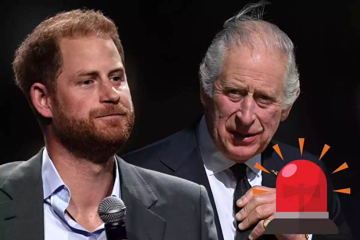 Montage with Prince Harry with a microphone, King Charles III serious and a red alarm