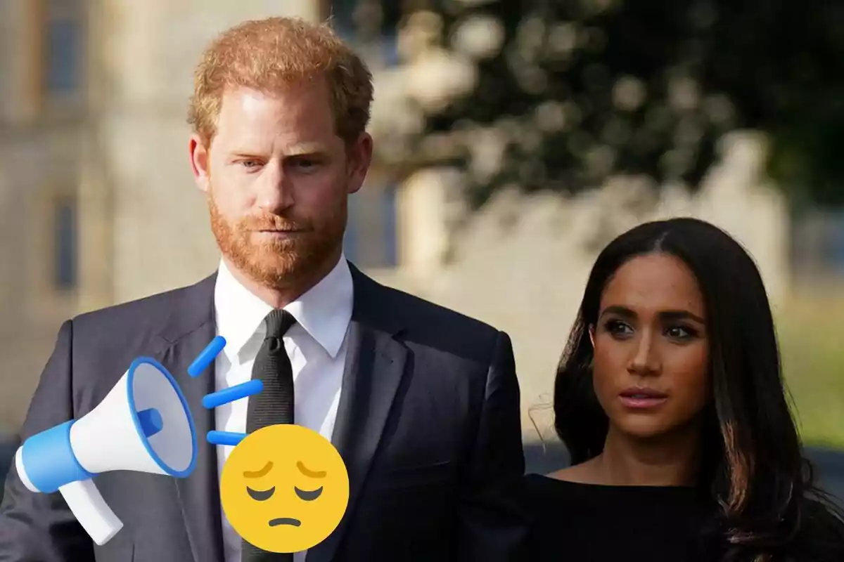 Prince Harry and Meghan Markle walking together outdoors with a megaphone and a sad face emoji superimposed on the image.