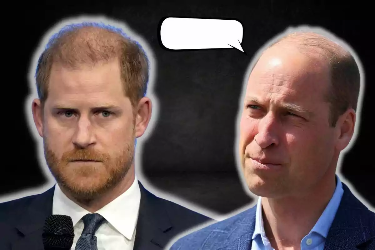 Prince Harry and Prince William with serious expressions looking at each other, with an empty speech bubble between them.