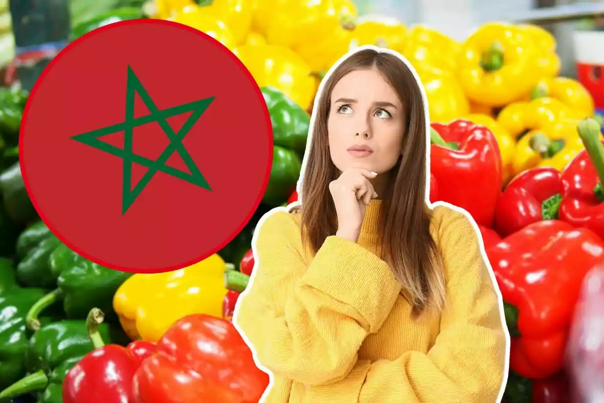 A thoughtful woman in a yellow sweater is in front of a background of colorful peppers and a red circle with a green star.