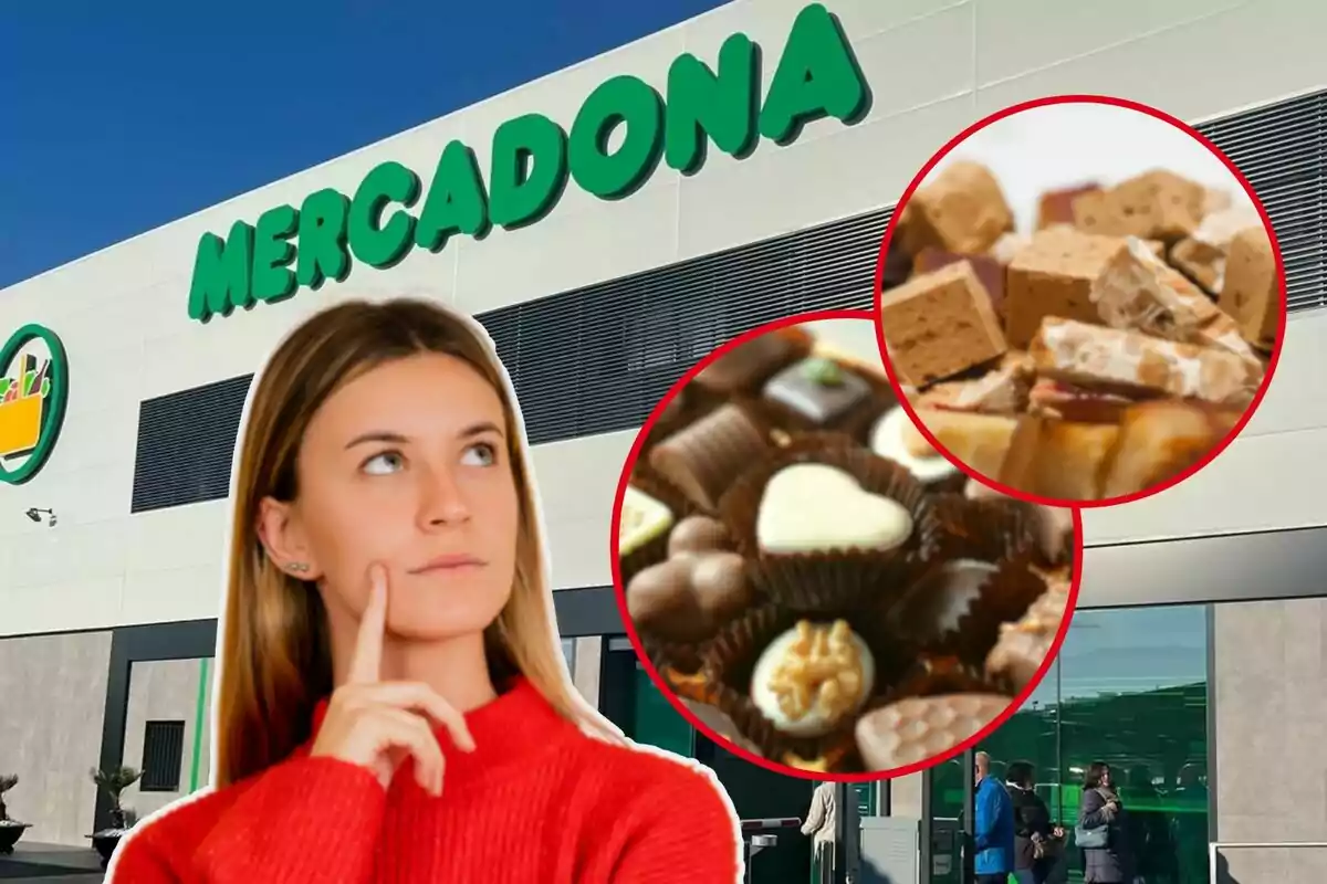 Una dona pensativa davant d'un supermercat Mercadona amb imatges de dolços i torrons.