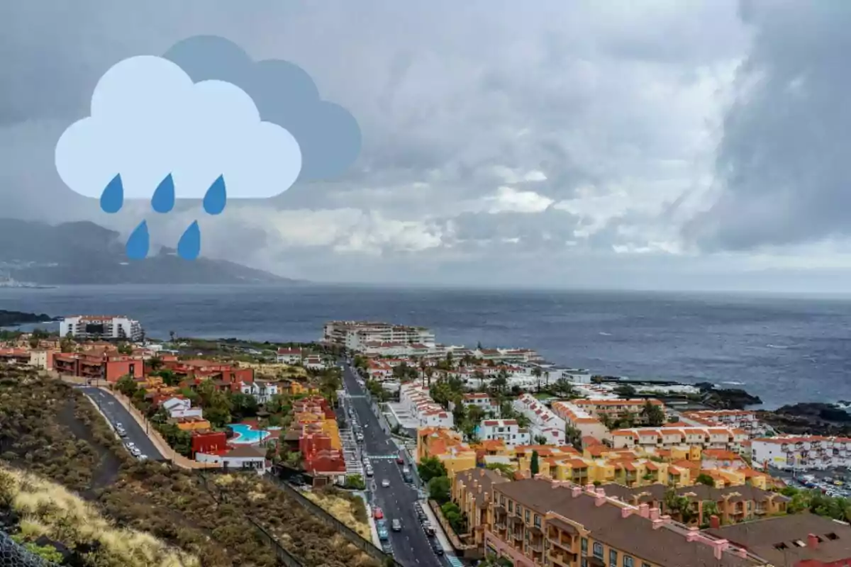 Muntatge d´un poble costaner amb núvols damunt del mar i una icona de núvols amb pluja