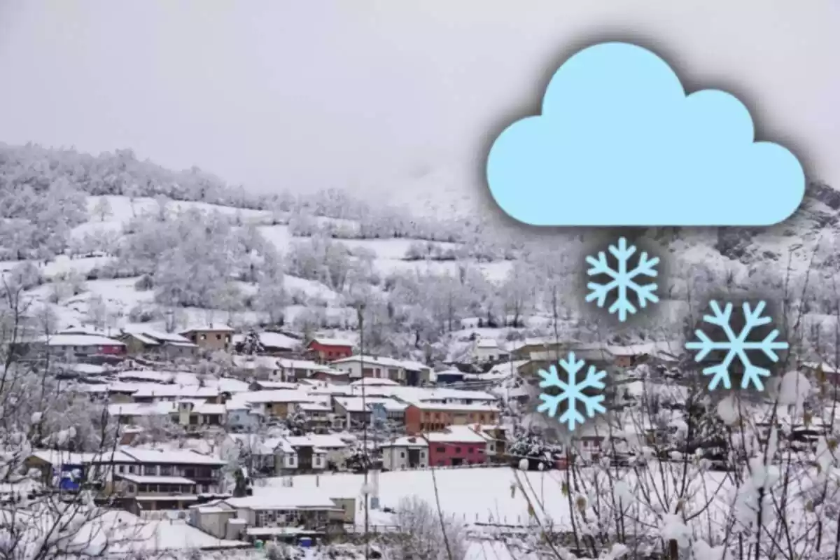 Muntatge amb un paisatge d'un poble nevat i un emoji d'un núvol blau amb tres flocs de neu