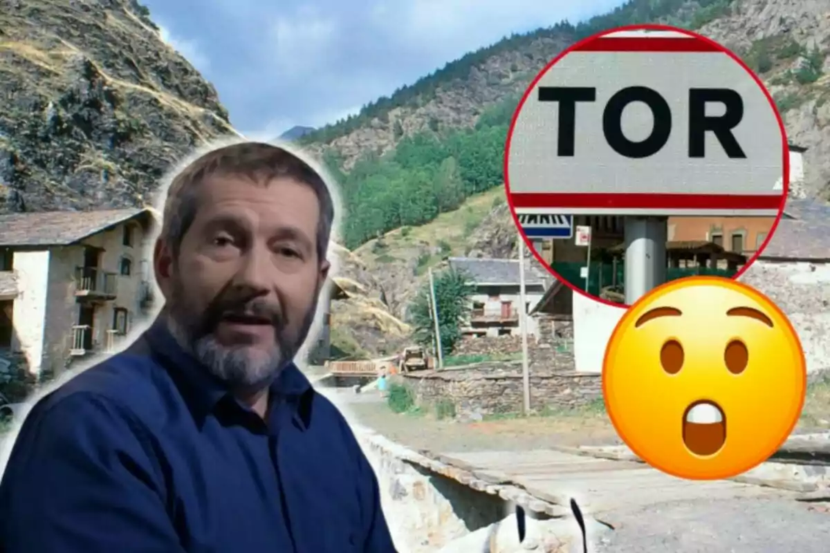 Carles Porta amb barba i camisa blava apareix en primer pla, mentre que al fons es veu un paisatge muntanyós amb cases i un pont; a més, hi ha un rètol que diu "TOR" i un emoji de cara sorpresa.