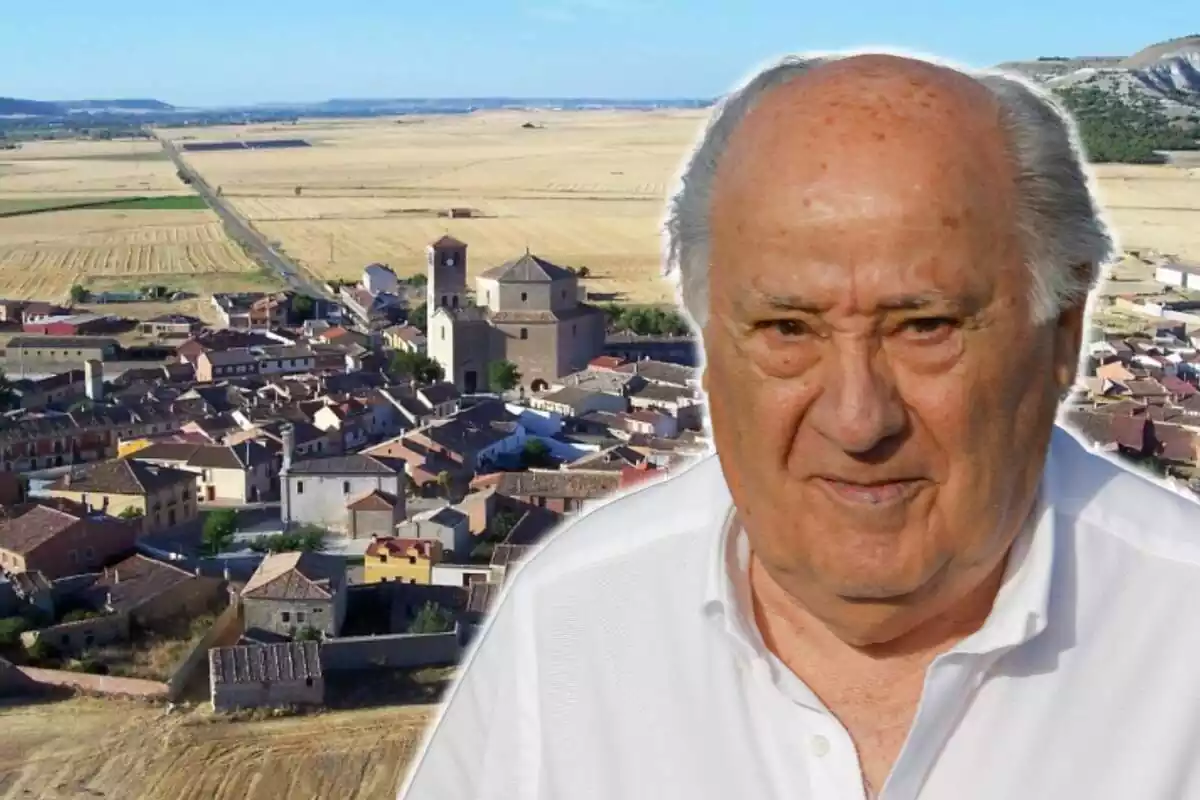 Muntatge amb una imatge de vista aèria del poble Valoria la Buena, a Valladolid, i la cara de l'empresari Amancio Ortega amb una camisa blanca