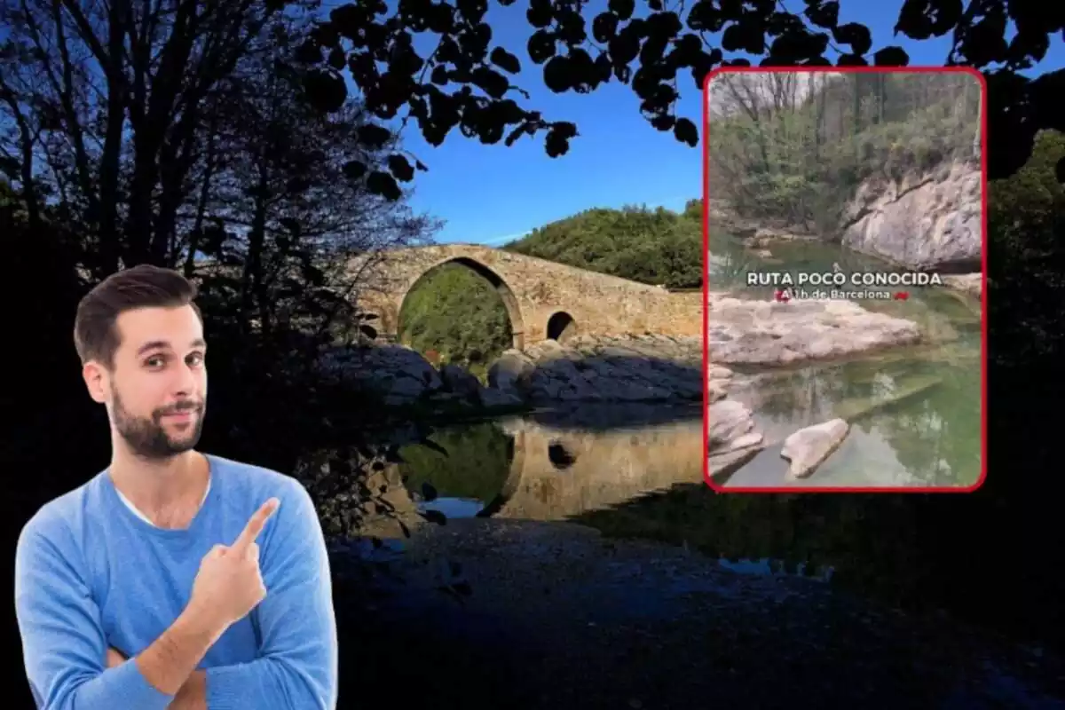Muntatge d´un pont amb aigua a sota i roques, un noi assenyalant amb un jersei blau i portada d´un vídeo d´Instagram amb un riu
