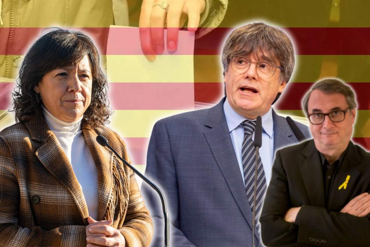 Muntatge d'Anna Erra, Carles Puigdemont i Vicent Partal amb una urna i lla bandera de Catalunya