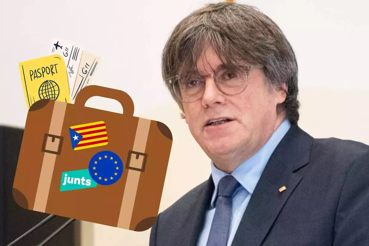 Muntatge de Puigdemont i una maleta