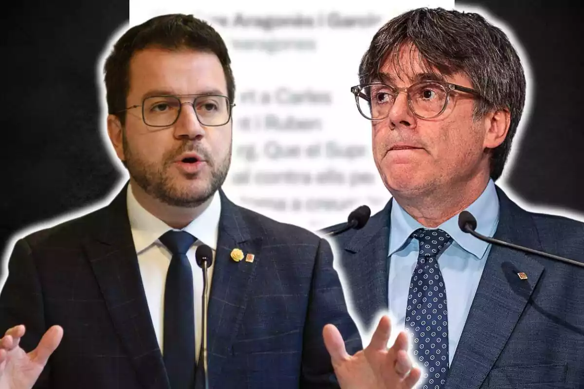 Muntatge de Pere Aragonès i Carles Puigdemont amb un tuit darrere