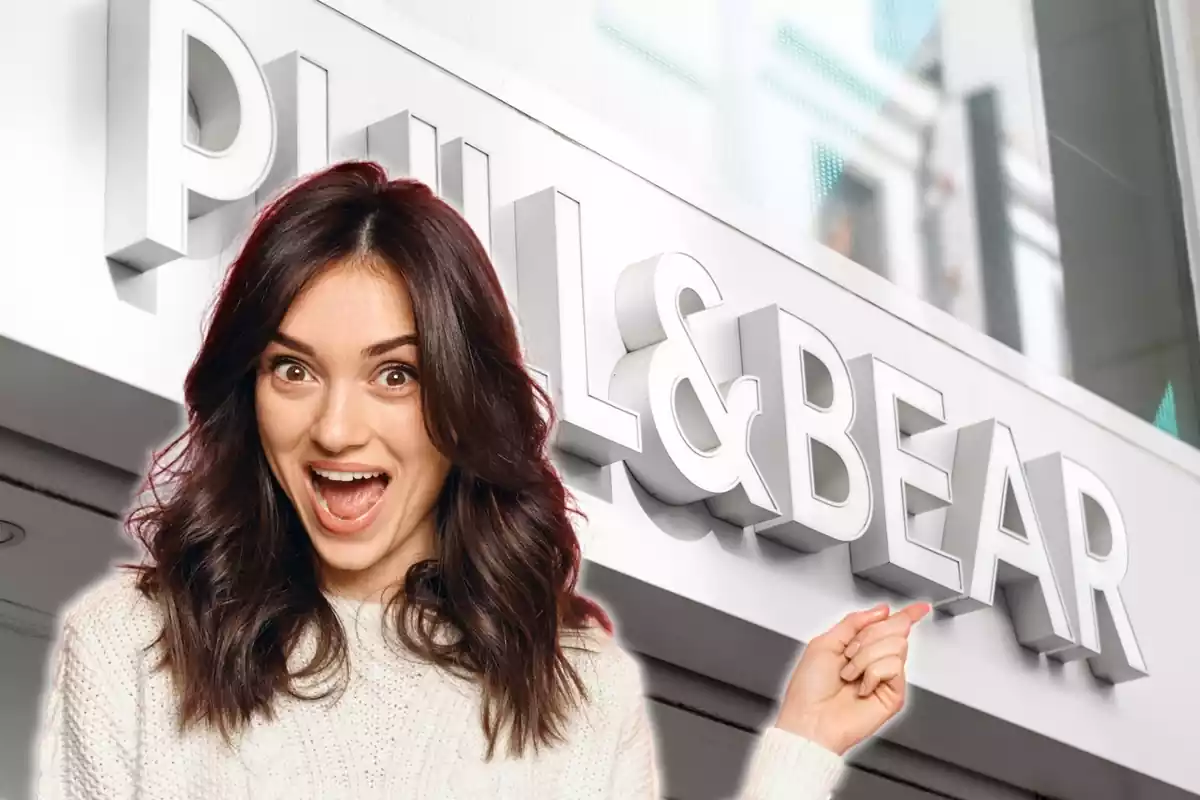 Muntatge amb el logotip de Pull&Bear a l'exterior d'una de les botigues i una dona amb cara de sorpresa