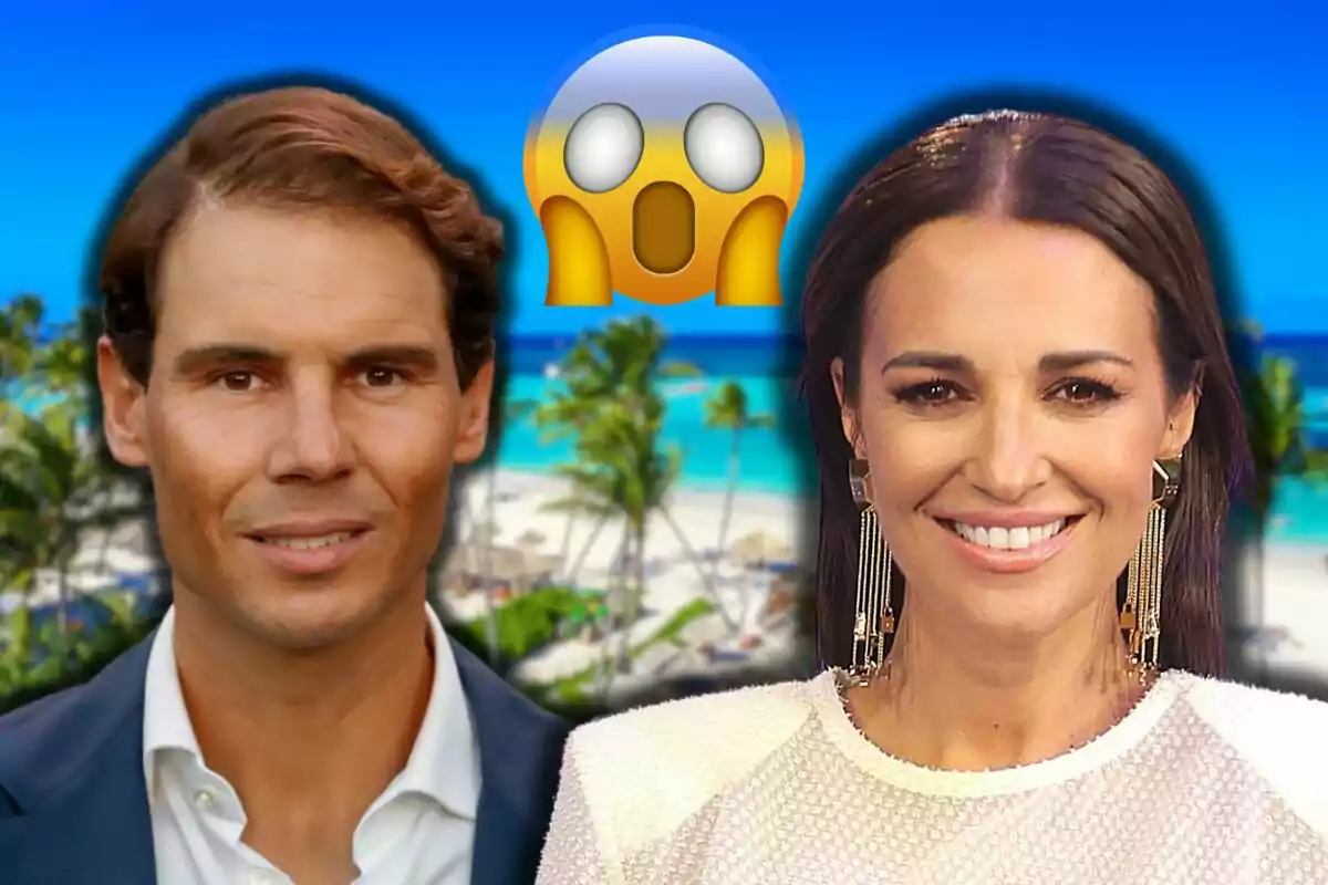 Rafa Nadal y Paula Echevarría sonrientes con un emoji sorprendido sobre un fondo de playa tropical.