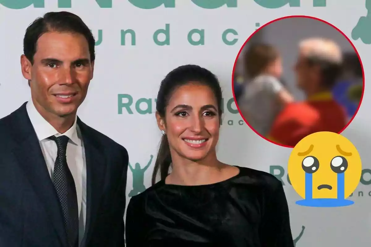 Rafa Nadal i Xisca Perelló somrient posa davant d'un fons amb logotips, mentre en un cercle vermell es mostra una imatge borrosa de Rafa sostenint el seu fill i un emoji plorant.