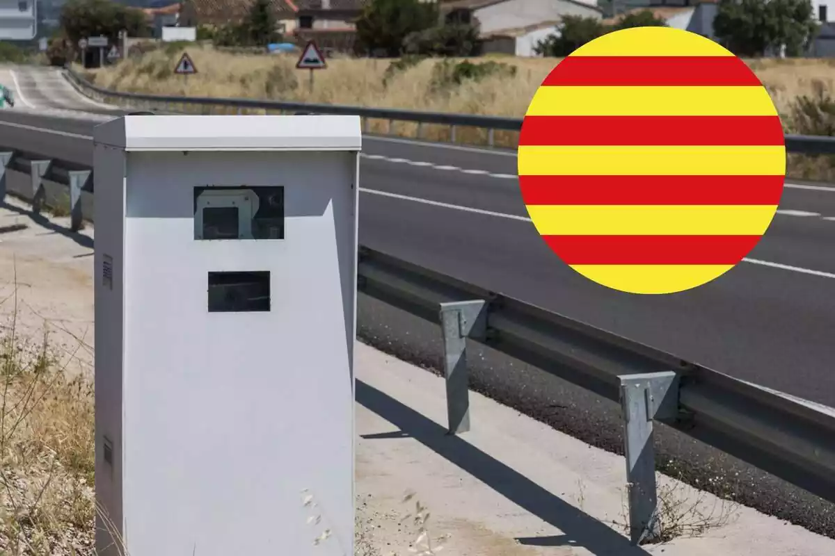 Muntatge amb un radar de carretera i la bandera de Catalunya