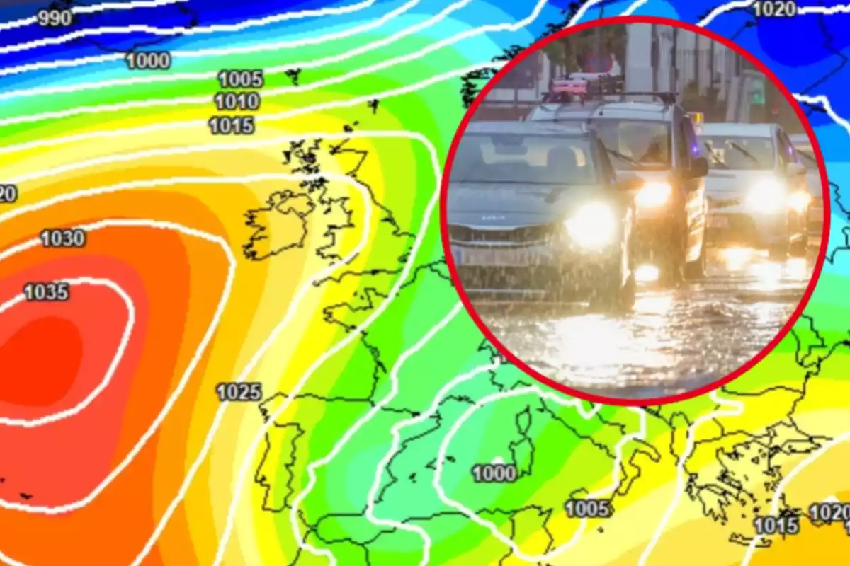 Muntatge amb un mapa radar de temperatures i un cercle amb diversos cotxes circulant en ple temporal de pluja