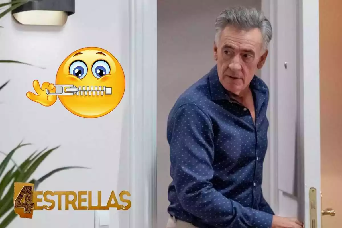Muntatge de Rafael de '4 estrellas' entrant per la porta, el logotip de la sèrie i un emoji de secret