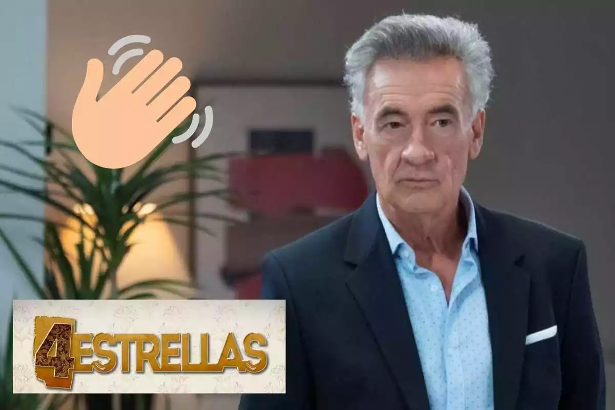 Muntatge del personatges de Rafael a '4 estrellas' seriós, el logo de la sèrie i una mà dient adéu