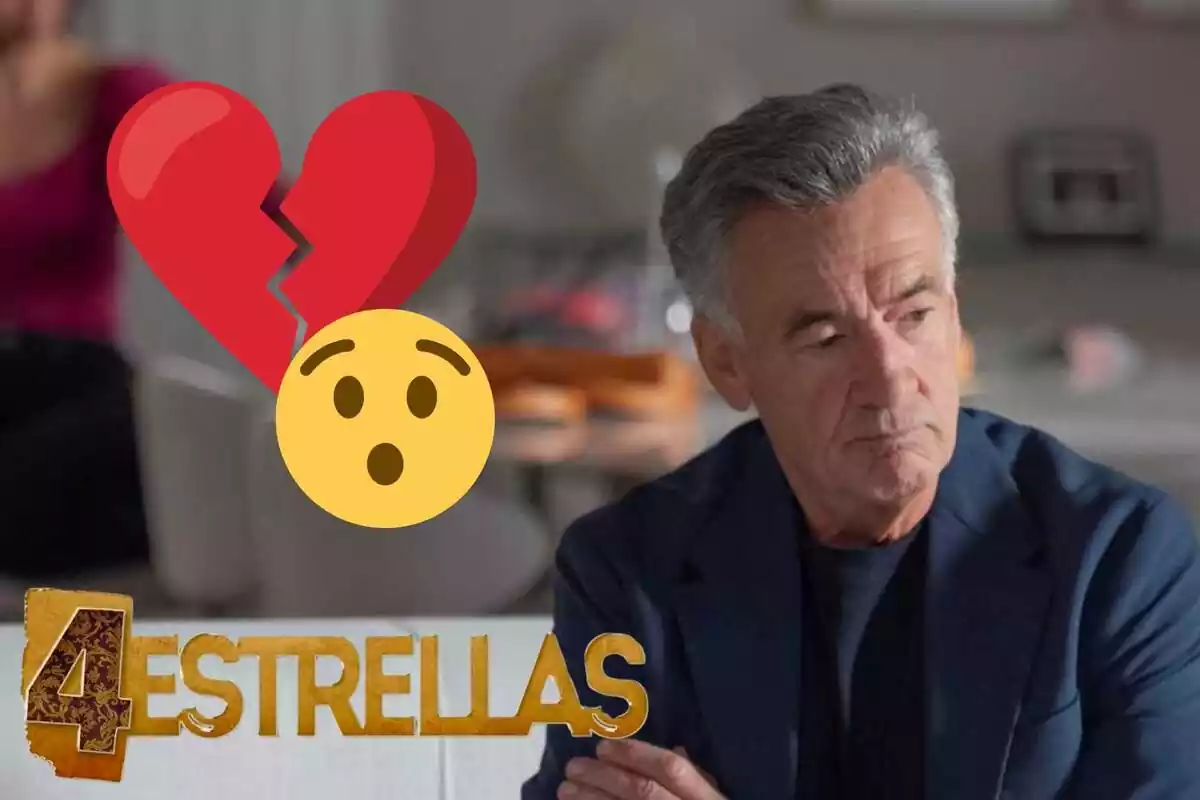 Muntatge amb Rafael de '4 estrellas' mirant de banda seriós, el logo de la sèrie, un cor trencat i un emoji de sorpresa