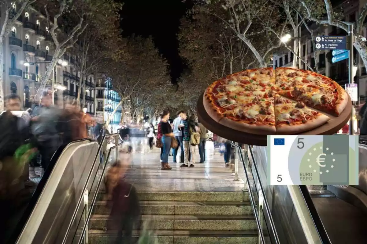 Muntatge amb la rambla de Barcelona de nit, una pizza tallada i un bitllet de 5 euros