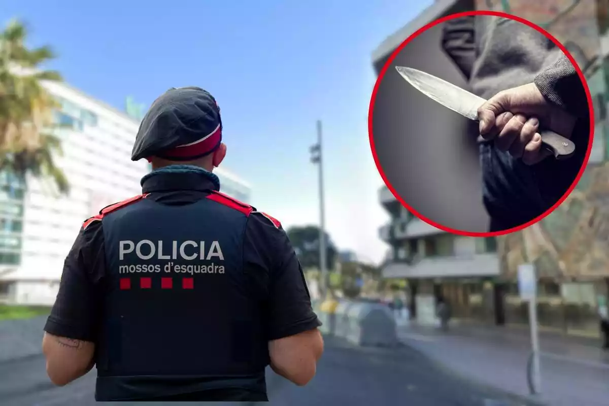 Muntatge d'agent de Mossos d'Esquadra a la rambla Francesc Macià de Tarragona desenfocada i cercle amb mà agafant ganivet darrere l'esquena.