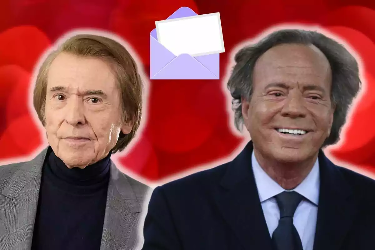 Raphael i Julio Iglesias amb fons vermell i un sobre morat al centre.