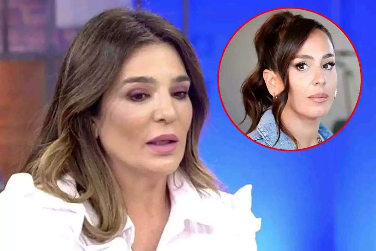 Raquel Bollo con cabello castaño y blusa blanca aparece en un programa de televisión, con un recuadro que muestra a Anabel Pantoja de cabello recogido y chaqueta de mezclilla.