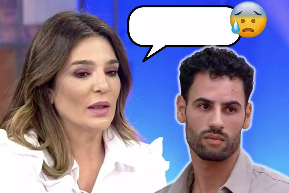 Raquel Bollo i Asraf Beno en un programa de televisió amb un globus de diàleg buit i un emoji preocupat.