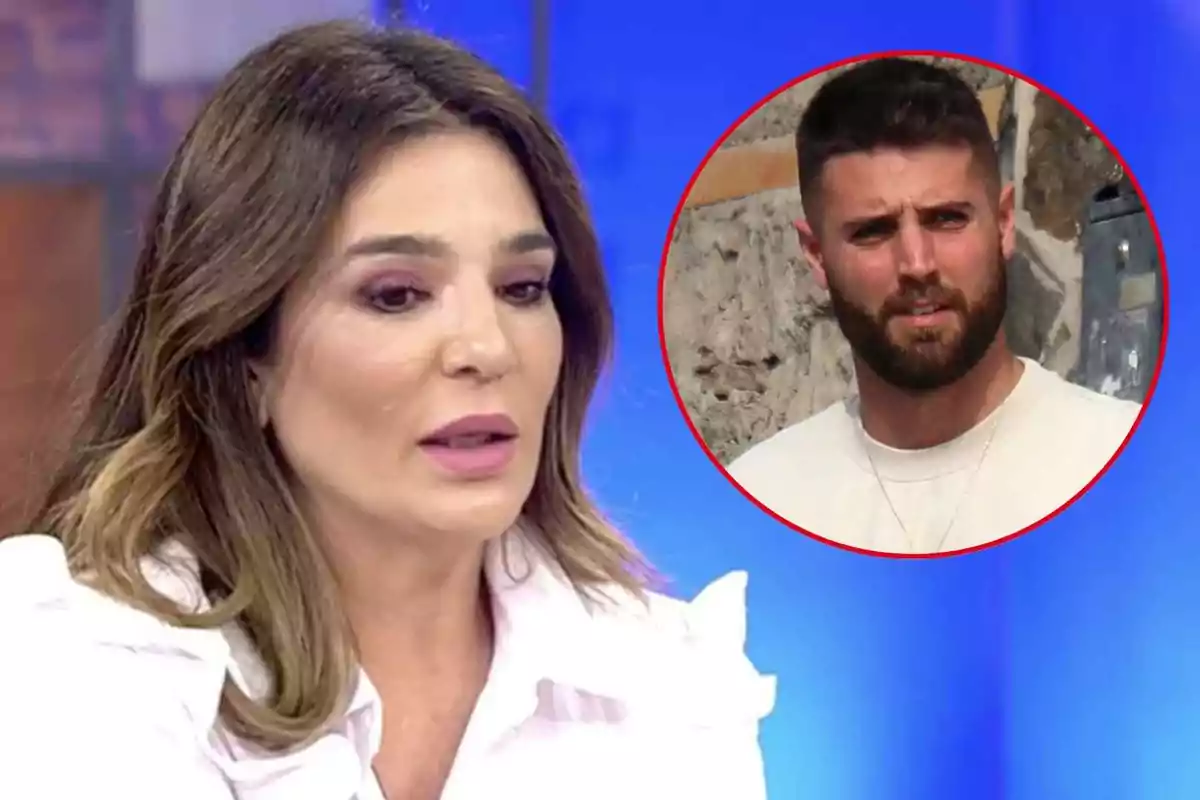 Raquel Bollo with brown hair and a white blouse appears on a television show, while in a circular inset, David Rodríguez with a beard and short hair is shown in front of a stone wall.