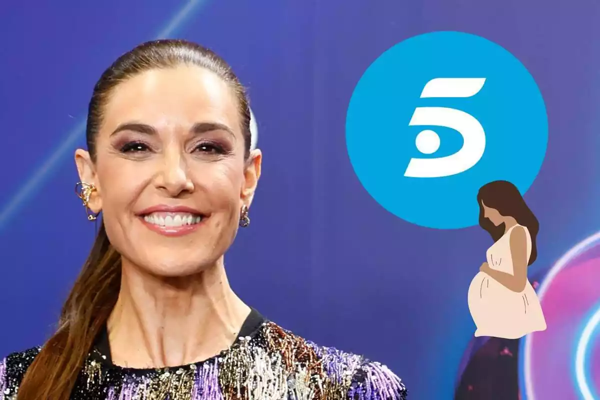 Muntatge de primer pla de Raquel Sánchez Silva somrient amb els cabells recollits i roba de colors, el logotip de Telecinco i una embarassada