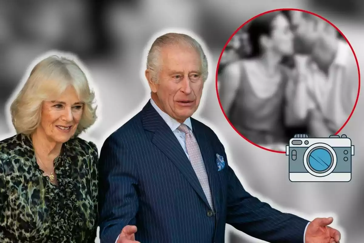 Queen Camila and Charles III smile as they walk, with a blurred background that includes a red circle showing a blurry image of two people kissing and a camera icon.