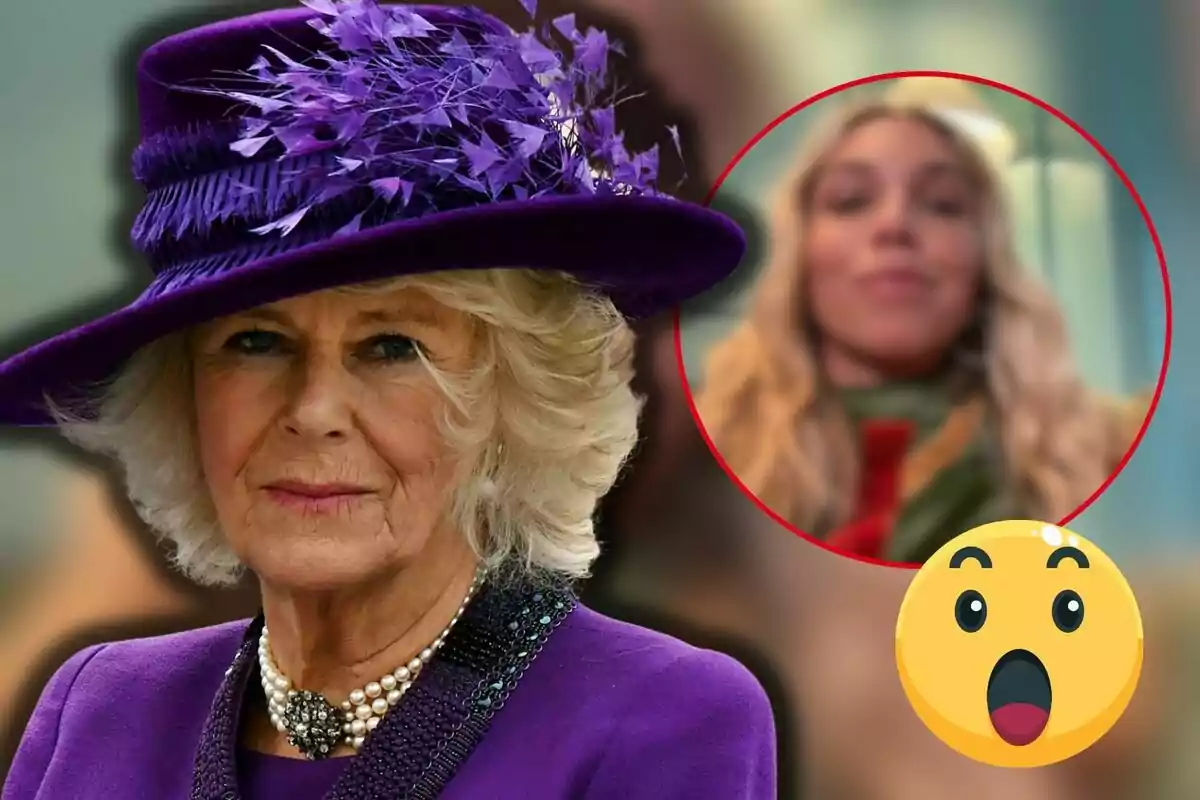 An elderly woman with a purple hat and floral details, next to a red circle containing the blurred image of another person, with a surprised emoji in the corner.