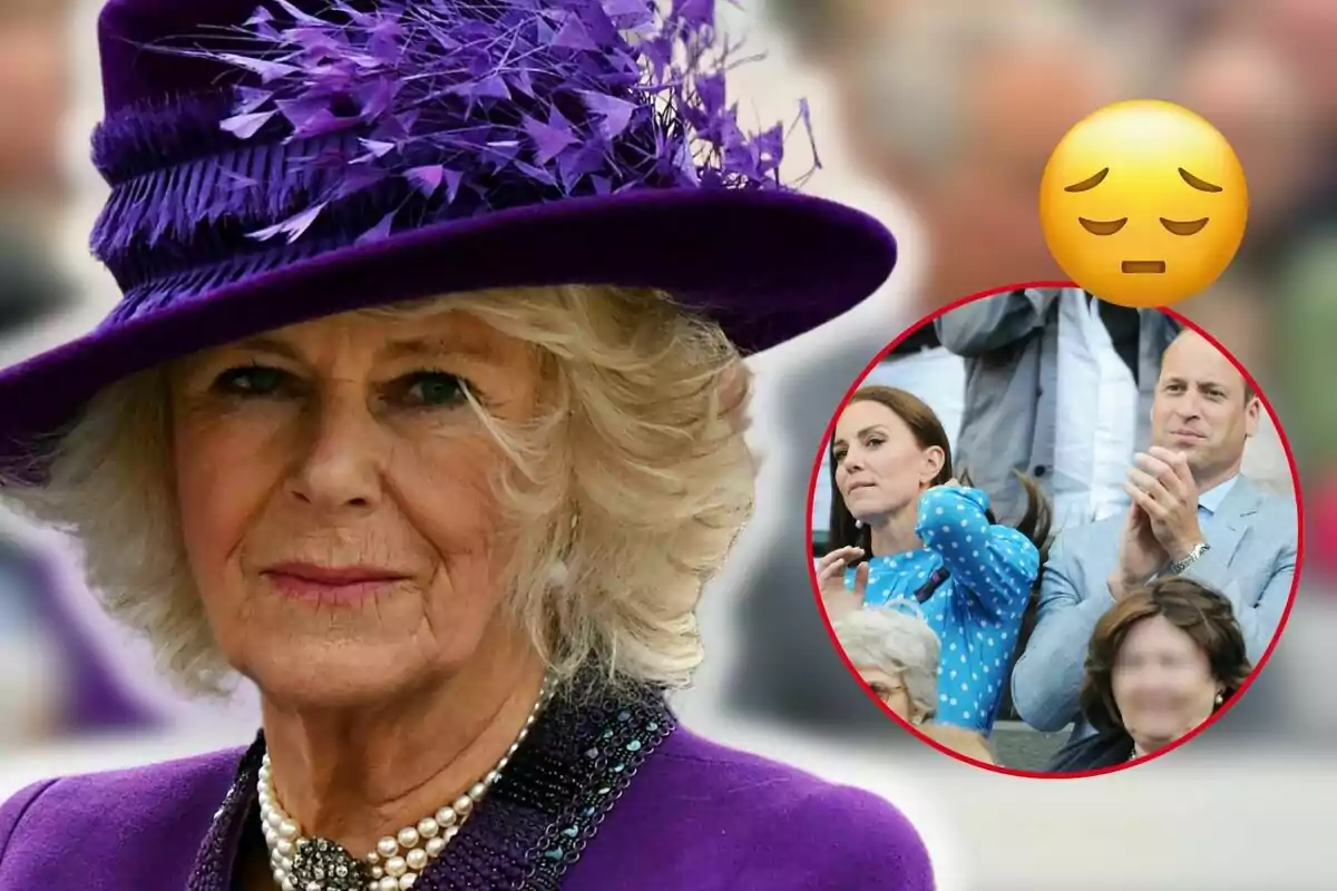 La reina Camila con sombrero morado y un collar de perlas aparece en primer plano, mientras que en un círculo rojo al fondo se ven Kate Middleton y el príncipe Guillermo aplaudiendo, junto a un emoji de cara pensativa.