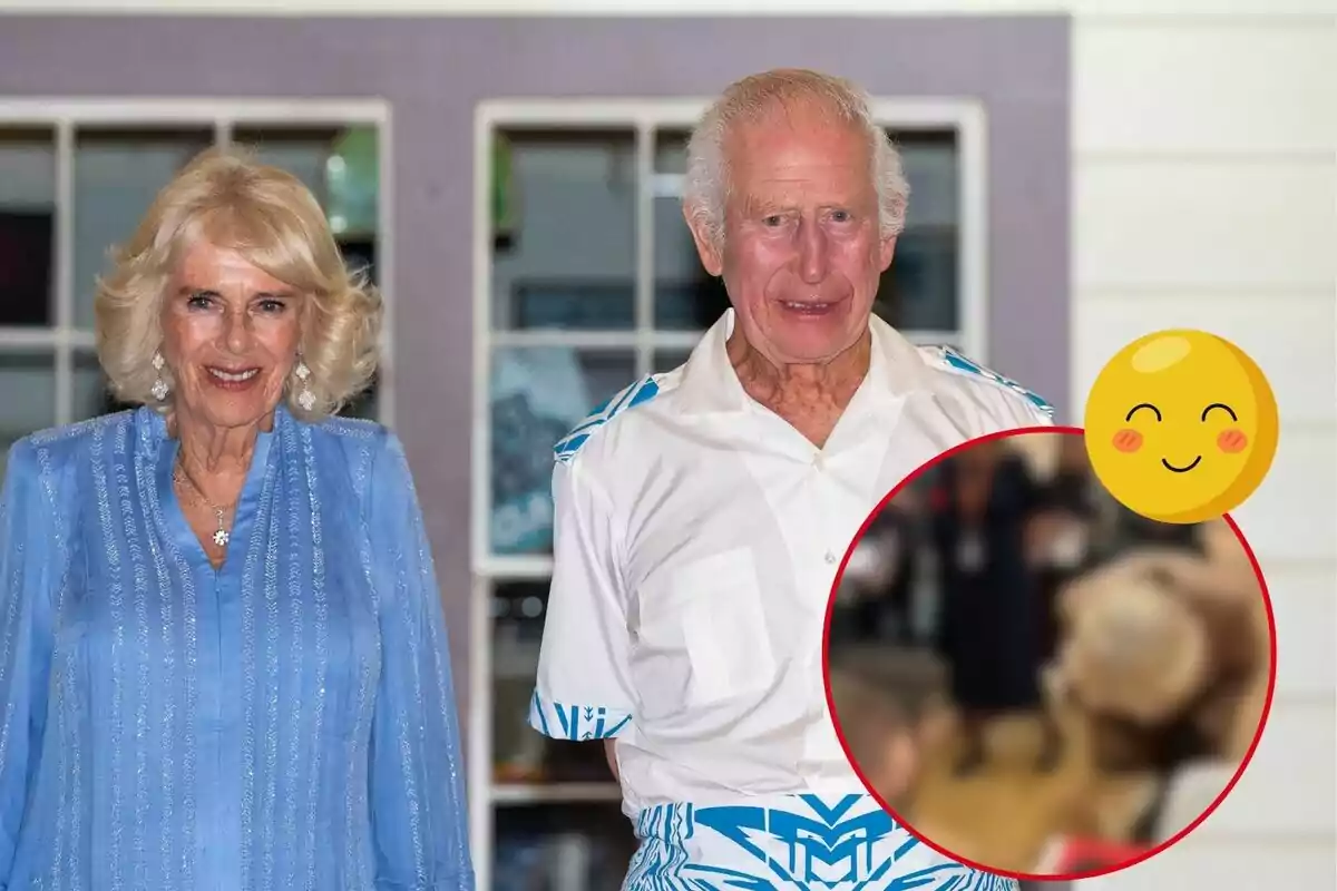 Queen Camila and Charles III pose together in front of a window, one of them wearing a blue jersey and the other a white jersey with blue details, there is a smiling emoji and a red circle in the image.