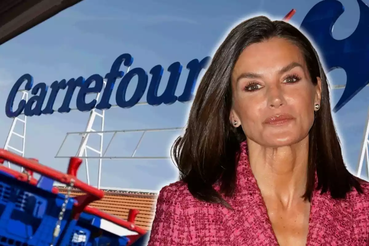 Muntatge amb el logo de Carrefour a l'exterior d'una de les botigues i el rostre de la reina Letizia