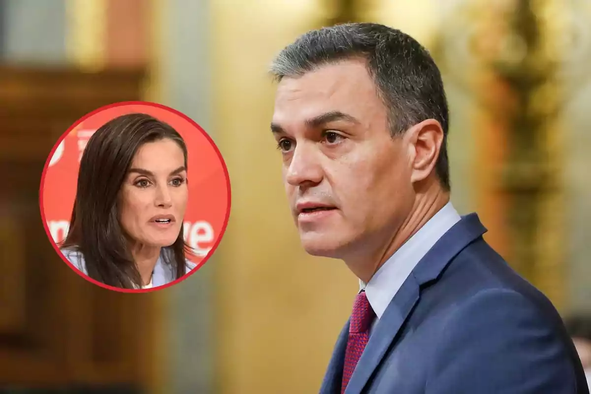 Muntatge de Pedro Sánchez, amb vestit blau marí i corbata vermella i blava, amb cara seriosa, i la reina Letizia parlant, dins un cercle vermell