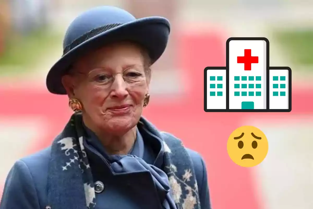 La reina Margarida de Dinamarca amb barret i bufanda, amb una icona d'hospital i un emoji de preocupació.