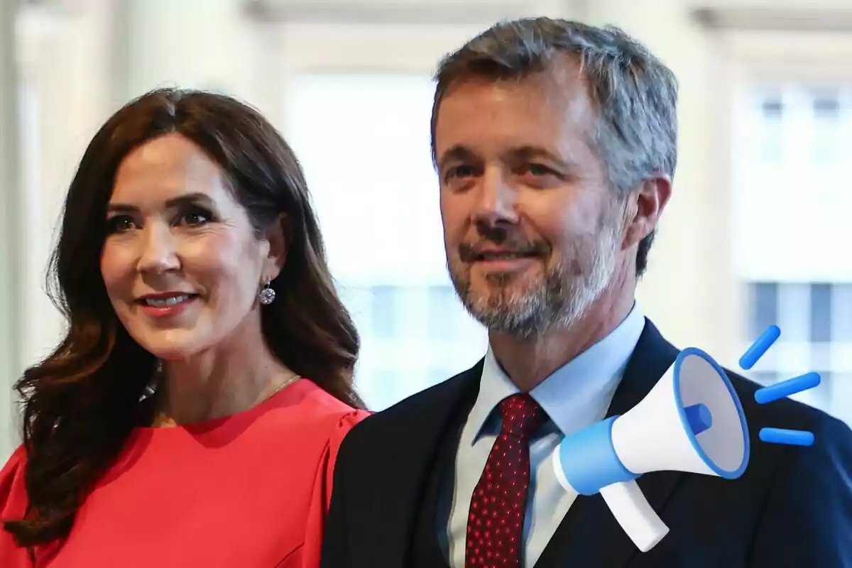 Smiling Queen Mary and Queen Frederik of Denmark dressed formally with a megaphone drawn in the picture.