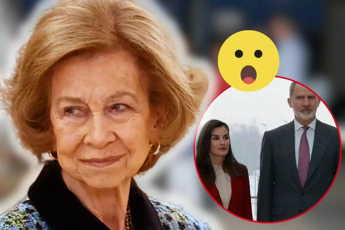 La reina Sofia amb expressió pensativa i un cercle amb la reina Letícia i Felip VI al fons.